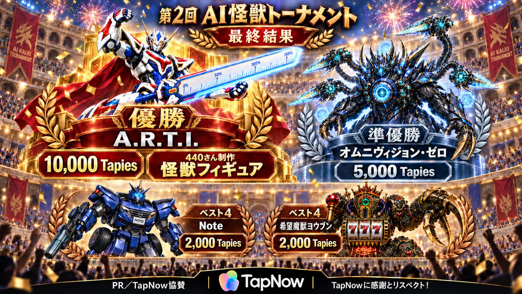 大会最終結果と賞品の公式表彰画像